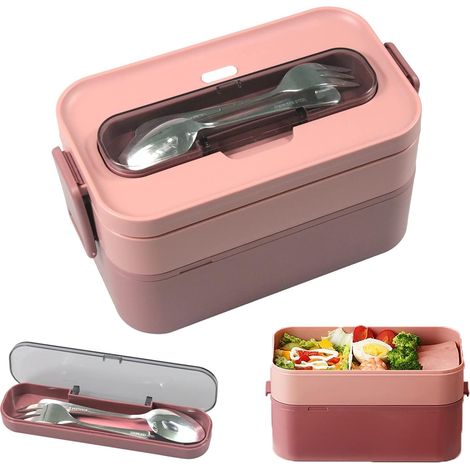 Isolierte Lunchbox (1600 ml), inklusive Besteck, auslaufsichere Bento-Box mit 2 Fächern, Kunststoff-Lunchbox für Kinder und Erwachsene, ideal für Büro, Schule oder Picknick, Rot (1/5)