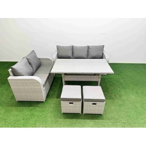 Fimous 7 Seater PE Rattan Wicker Garden Furniture Patio Conservatory Sofa Set with Rectangular Dining Table 3 Seater Sofa Love Sofa 2 Stools (1/4)