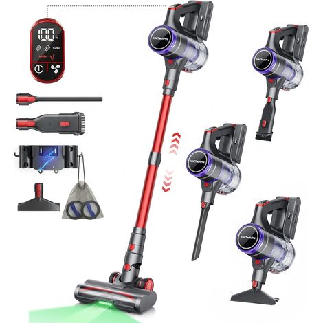 Aspirateur Balai Sans Fil 4 en 1 Konsoefuly, Moteur Sans Balais 600W, 55kPa, Double Filtre HEPA, 500ml, LED vert, Tube Télescopique, Gris et Rouge (1/5)