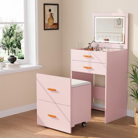 Coiffeuse 3-en-1 Gain de Place avec Miroir LED - Table de Maquillage avec Tabouret de Rangement à Roulettes et Tiroir pour Chambre et Appartement