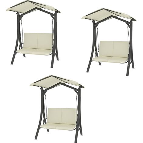 3er-Set hollywoodschaukel mit verstellbarem Sonnendach Sitzauflage, Schutzhülle 2-Sitzer Gartenschaukel belastbar bis 220kg, UV 30+ Schaukelbank für Garten, Terrasse, 150x120x182cm, Cremeweiß