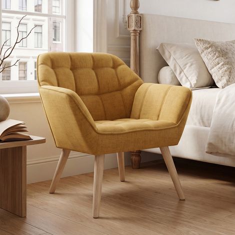 Wahson Linen Upholstered Accent Chair - Modern Tub Armchair with Metal Legs for Bedroom Living Room, 1-Pack, Yellow (1/4)