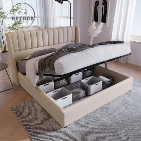 Lit coffre capotonné - lit double de rangement lit hydraulique avec sommier à lattes en bois + tête de lit structure en métal lit adulte en lin - beige 140x200cm (1/5)