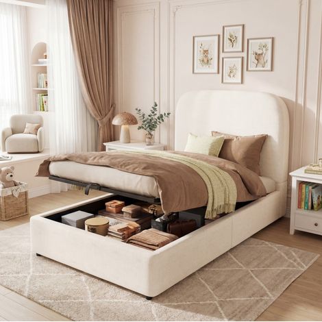 Letto singolo imbottito moderno in bouclé beige 90x200 cm con testiera, rete a doghe e vano contenitore idraulico
