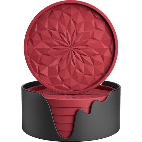 Dessous de verre en silicone avec support, pour boissons chaudes ou froides, épais, antidérapants et antiadhésifs, rouge bordeaux, lot de 6