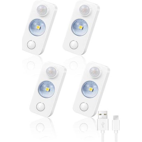 Lot de 4 lampes LED à détecteur de mouvement pour intérieur, lumières d'escalier rechargeables à intensité variable, 3 modes, veilleuse USB sans fil à coller pour armoire, placard, couloir, étagère (1/5)