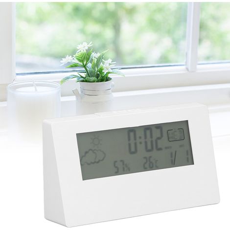 Reloj despertador digital LCD con función de repetición, visualización de hora, fecha, temperatura, humedad y luz, carcasa de ABS, 13,5 x 7,5 x 3,3 cm, blanco (1/5)