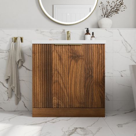 Fluted 800mm Bathroom Vanity Unit Basin Floorstanding Cupboard Soft Close Walnut (1/5)