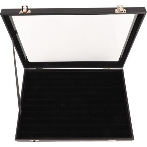(Schwarz) Ringvitrine mit 100 Fächern – Transparenter Deckel – Schwarzes Holz – 35 x 24 x 5 cm
