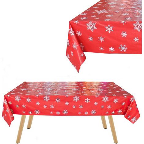 Nappe de table de Noël flocons de neige 137x274cm Rouge imperméable pour décoration de fête
