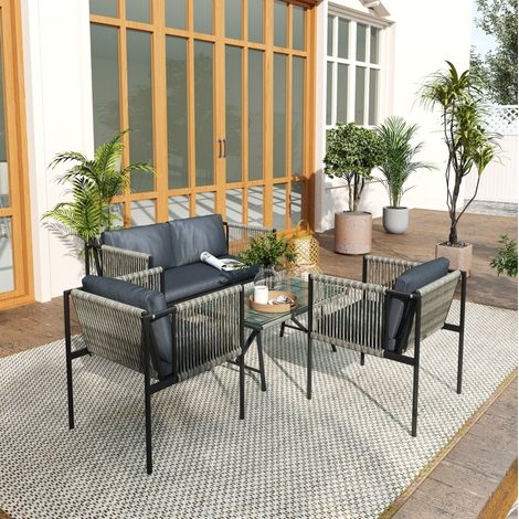 Conjunto muebles jardín 4 piezas ratán gris OKMYHOME (1/4)