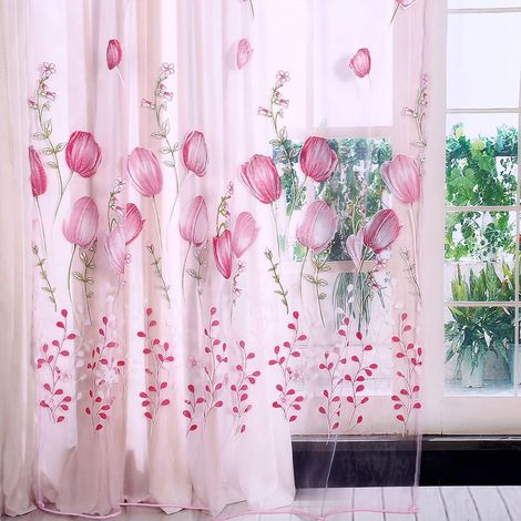 Rideaux Transparents Imprimés Tulipes, en Voile de Polyester, pour Fenêtre, 100 X 200 Cm, Panneau en Tulle Floral, Filtrage de la Lumière, Installation Facile pour Chambre à Coucher, Salon (1/5)