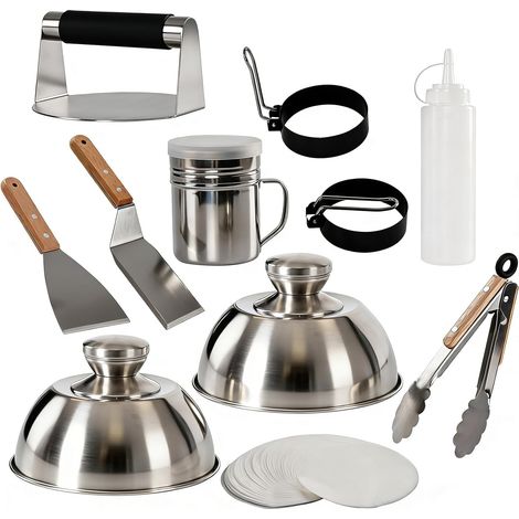 11PCS Kit Barbecue,INOX Ustensiles Barbecue avec Presse à Hamburger,Pince,Spatules,Cloches et 2 Anneaux à œufs,Accessoire Barbecue pour Gril Teppanyaki et Camping,Intérieur et Extérieur Smash Burger (1/5)