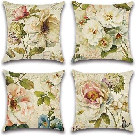Imperméable Housse de Coussin, Lot de 4 Extérieur Fleurs Vintage Canapé Taie d'oreiller pour Patio Jardin Salon Chambre Décoration, 45x45cm (1/5)