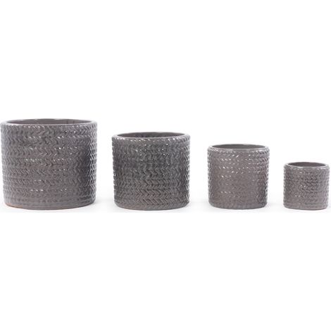 Vaso in ceramica grigio lucido Ø31 cm con rilievo a spina di pesce, drenaggio (1/5)