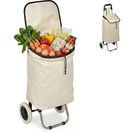 Relaxdays Einkaufstrolley klappbar, Abnehmbare Tasche 28 L, Einkaufswagen mit Rollen HBT 92,5 x 42 x 28 cm, beige