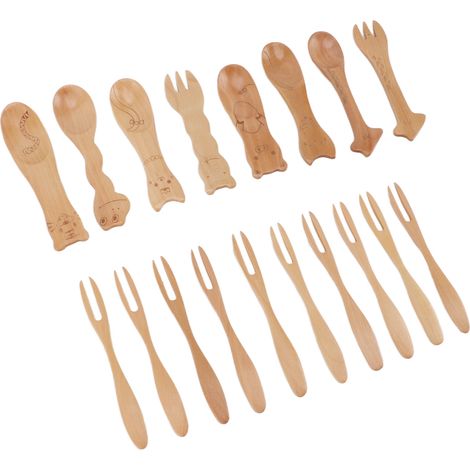 Ensemble de 12 couverts en bois (cuillères et fourchettes) : fourchettes à dessert, fruits et salade. Finition polie à l'eau. (1/5)