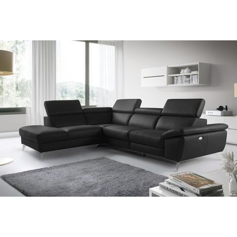 Canapé d'angle relax en 100% tout cuir épais de luxe italien avec relax électrique, 5/6 places KASTER, noir, angle gauche (1/5)