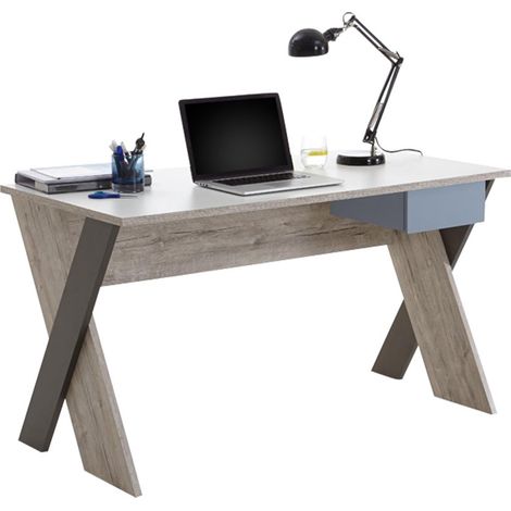 Bureau de Travail, Bureau d'ordinateur, Table de Travail en chêne Sable, Bleu et Anthracite avec tiroir 135 x 75 x 67,5 cm (LxHxP) (1/5)