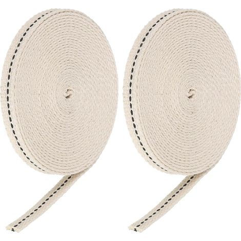 Confezione da 2 rotoli di stoppino piatto in cotone, largo 10 mm, lungo 4,8 m, con punto nero, per lampade a cherosene.