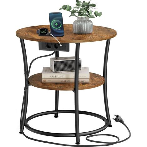 Table d'appoint ronde avec étagère inférieure pour petits espaces 55 x 55 cm style rustique en panneau d'aggloméré marron (1/2)