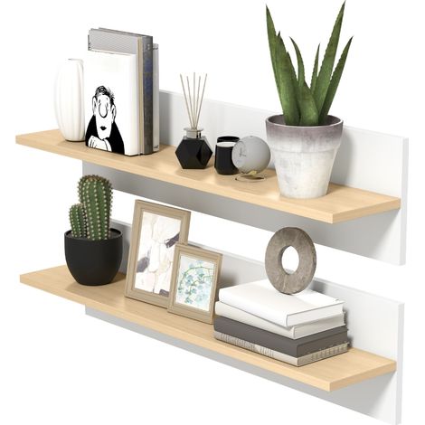 Lot de 2 étagères murales de 80 cm, étagères flottantes pour salon, entrée, chambre et cuisine, blanc et bois naturel (1/5)