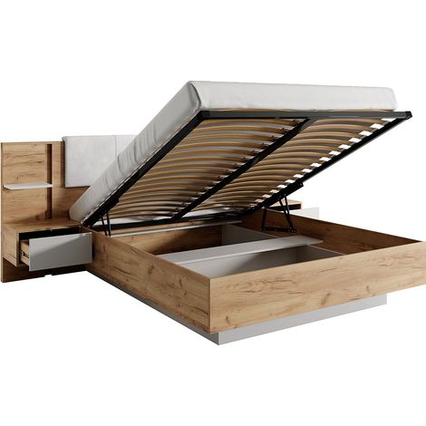Vente-Unique – Lit coffre 160 x 200 cm avec 2 chevets – Éclairage LED blanc – Panneau mélaminé naturel – Rangement intégré avec tiroirs