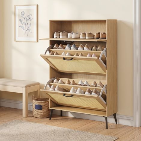 Meuble à chaussures bois rotin 80x24x114 cm, armoire à chaussures extra fine avec 3 abattants et tiroir de rangement, façade respirante, style bohème moderne, Chêne clair