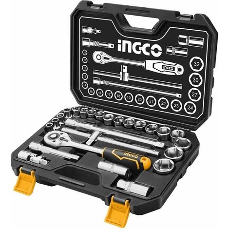 Set chiavi a bussola cricchetto 1/2" 25pz acciaio Barra a T in valigetta Ingco (1/6)