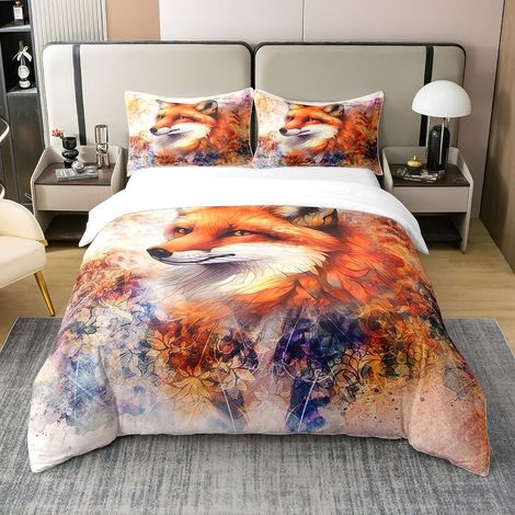 Renard Imprimer Renard de Dessin animé 100% Coton Housse de Couette 200x200cm Garçons Enfants 3D Animaux thème Parure de lit100% Coton décoration de Chambre Renard Sauvage Literie - 200 x 200 cm + 2 t (1/5)