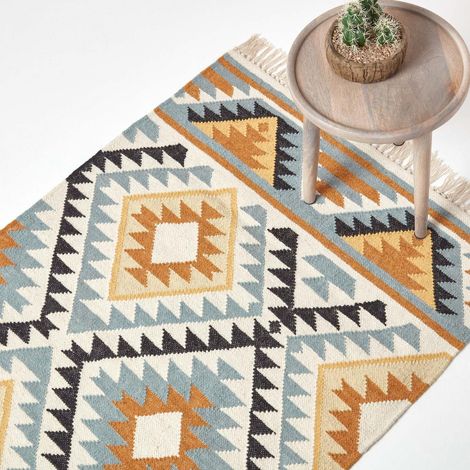 HOMESCAPES Kelim-Teppich Agra 160x230 cm – Handwebteppich aus Wolle & Baumwolle