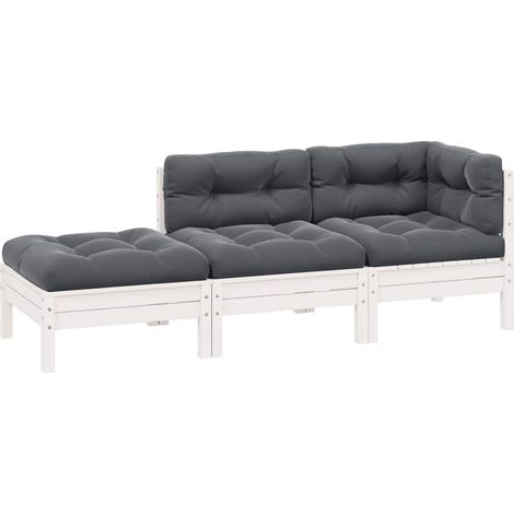 3-tlg. Garten-Lounge-Set mit Kissen Weiß Kiefer Massivholz
