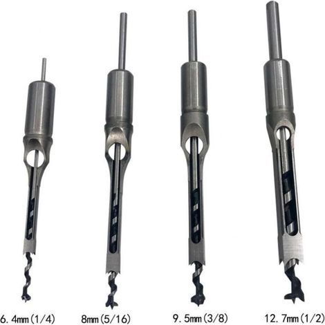 Lot de 4 Forets à bois trou carré Bédanes Creux en Acier Outils Set pour travail du bois Foret a trou carre Foret Trou de Perçage Mortaiser Burin 6,4/8/9,5/12,7 Mèches Trou Carré (1/4)