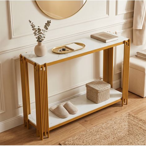 Table console 123,5x33,5x80 cm avec 2 étagères, plateau effet marbre blanc, structure en métal - blanc (1/5)