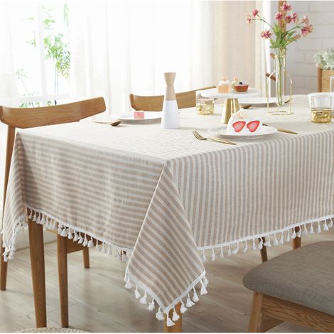 Nappe à rayures beiges avec pompons, nappe rectangulaire style campagne et automne (140 x 180 cm) (1/5)