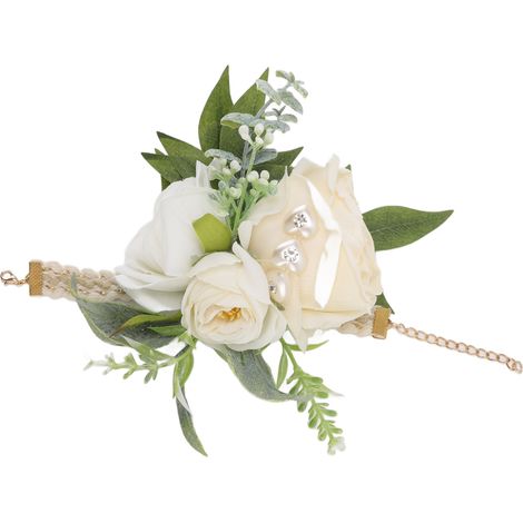 Bouquet de poignet blanc mariée fleurs roses et feuilles vertes pour cérémonie, bal et fête. (1/5)