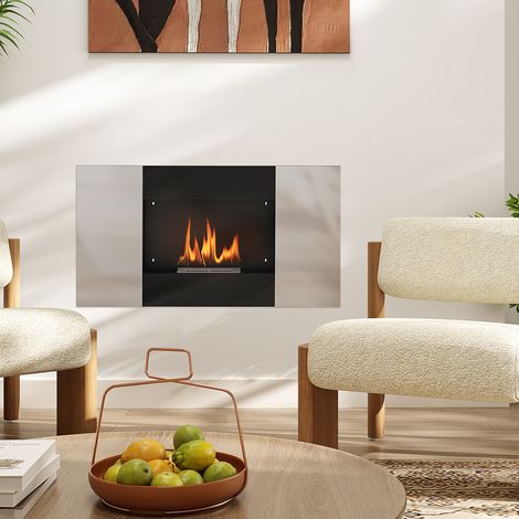 Wandmontierter Bioethanol-Kamin mit 0,9-Liter-Brenner für 3,3 Stunden Brenndauer, Einbau-Bioethanol-Kamin aus Stahl, Ethanol-Kamin für den Innenbereich mit 20 m² Abdeckung, 100 x 15 x 54 cm, Schwarz u