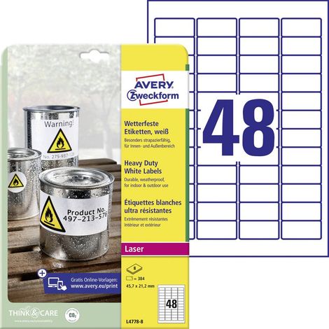Avery-Zweckform L4778-8 Etichetta a pellicola 45.7 x 21.2 mm Pellicola in poliestere Bianco 384 pz. A tenuta permanente