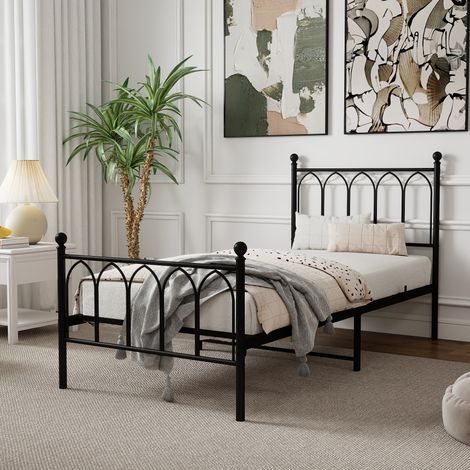 Cama individual de metal estilo rústico 90x200 cm negra con cabecero y somier de láminas, sin colchón (1/5)