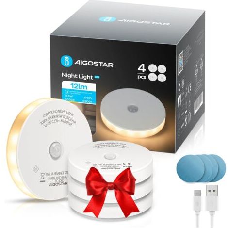 Paquet de 4 lampes de nuit LED avec capteur de mouvement, lampes à 2 températures de couleur, éclairage de meuble autocollant, rechargeable USB – équipées de bandes magnétiques, idéales pour chambre d