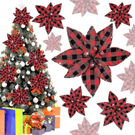 12 pièces de poinsettias à carreaux Buffalo, décorations de sapin de Noël artificielles avec poudre pailletée pour couronnes et guirlandes de Noël. (1/5)