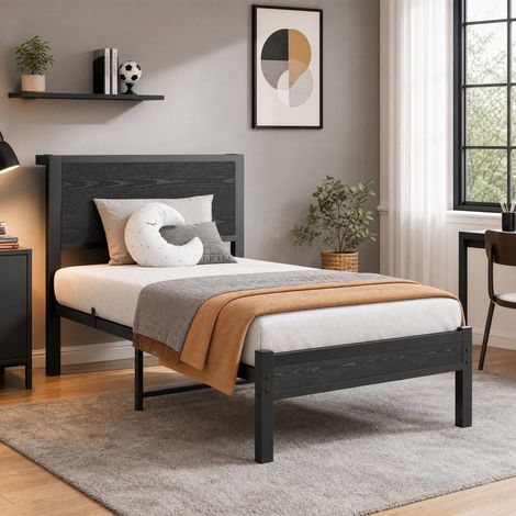 Lit simple 90x200 cm noir avec rangement sous lit, MDF et métal, sans matelas MEUBLIV (1/5)