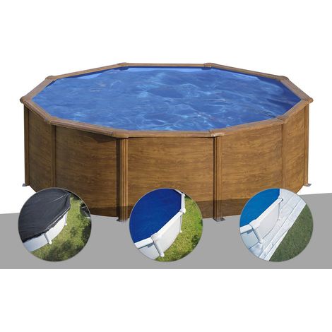 Kit piscine acier aspect bois Gré Pacific ronde 4,80 x 1,22 m + Bâche d'hivernage + Bâche à bulles + Tapis de sol