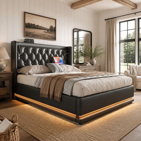 Letto contenitore 160x200 cm in PU nero con LED e USB, senza materasso – MEUBLIV (1/5)
