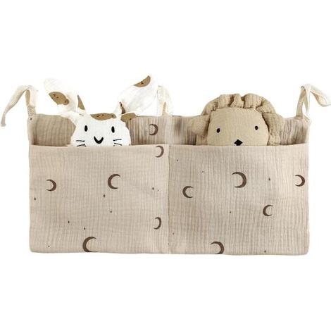 Organisateur suspendu pour lit bébé – Coton – 2 compartiments – 39x20 cm – Motif lune – Couches, jouets, biberons (1/5)