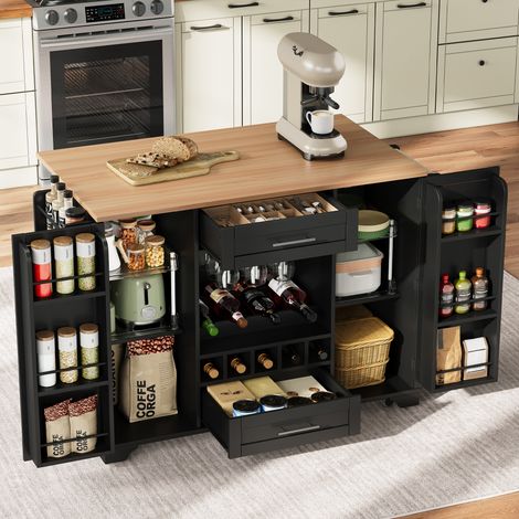 Ilot central de cuisine mobile - Plateau extensible - Avec casier à vin et porte-serviettes - 2 tiroirs et 2 portes - MDF - Noir