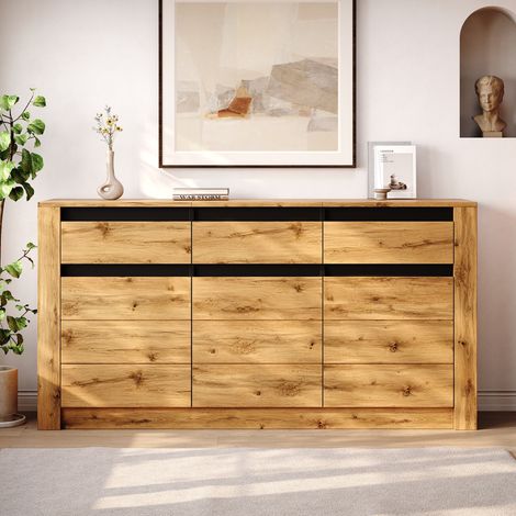 Buffet bas, 135x35x70 cm, Meuble de rangement pour salon et entrée, Panneau de particules effet vagues avec 3 tiroirs et 3 portes, Naturel (1/5)