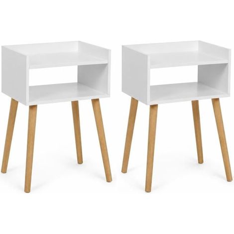 Table de chevet - JUANIO - Lot de 2 - Blanc - Pieds effet bois - 1 compartiment (1/4)