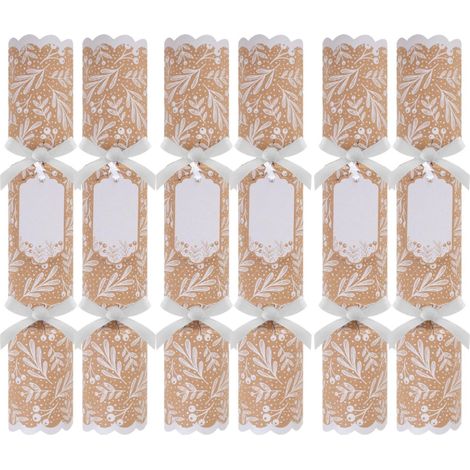 Pack of 6 Christmas Crackers Kraft Paper Name Tags Brown White Holly 12" (1/4)