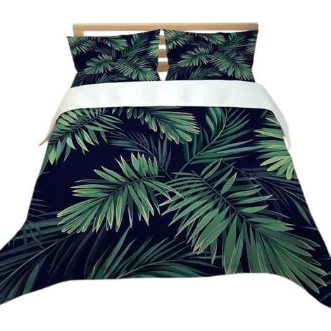 Housse de couette à motif feuilles vertes tropicales, 220 x 260 cm, microfibre, style contemporain, 2 taies d'oreiller incluses (1/4)